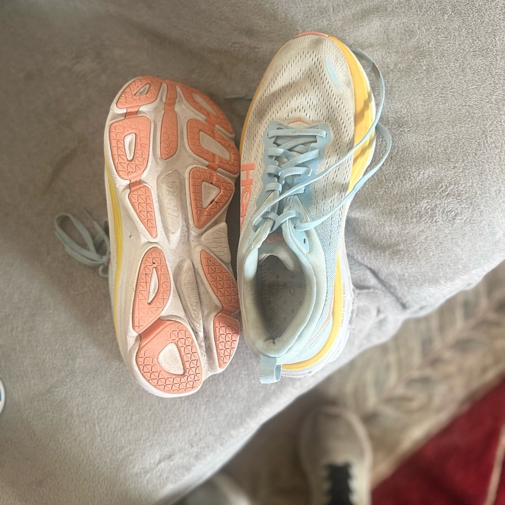 Hoka Women’s Athletic Shoes in Light Blue, Yellow and Coral
